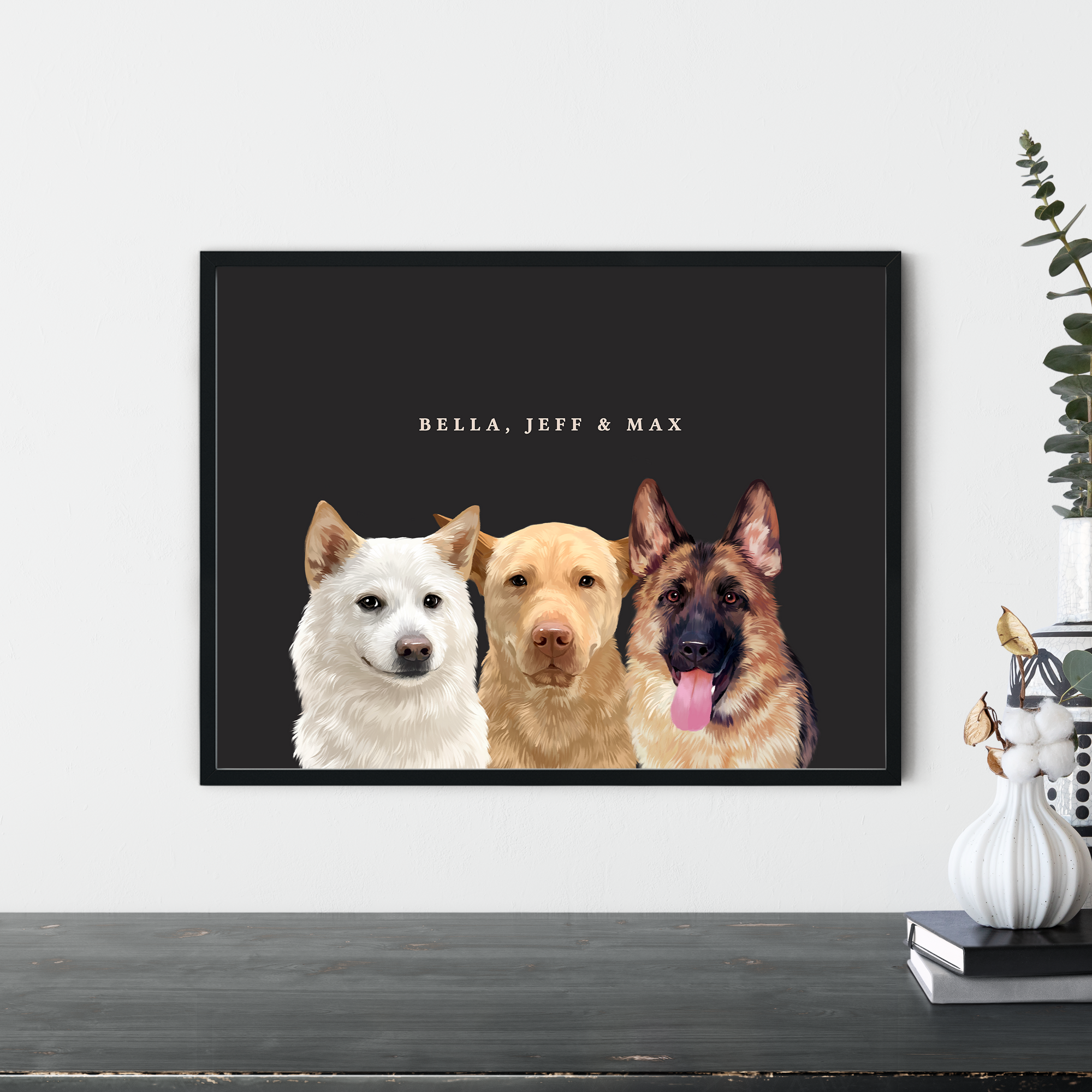 Custom Three-Pet Portraits (Framed)