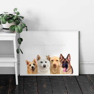 Custom Four-Pet Portraits (Framed)